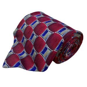 Nordstrom Mens Red & Blue Silk Geometric Patterned Neck Tie Handmade In USA